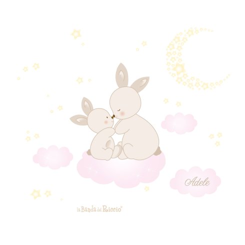 Stickers per cameretta "Le Coccole": teneri coniglietti con nuvolette, stelline e luna -variante grigio/azzurro- foto ambientata