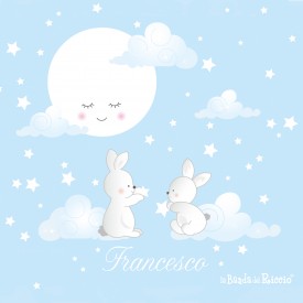 Adesivi murali Moonlight - disegni di coniglietti sulle nuvole con luna sognante e stelline su sfondo azzurro