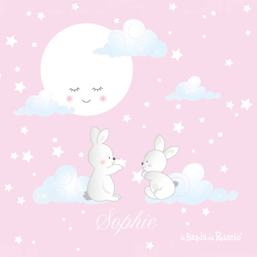 Adesivi murali Moonlight - disegni di coniglietti sulle nuvole con luna sognante e stelline su sfondo rosa