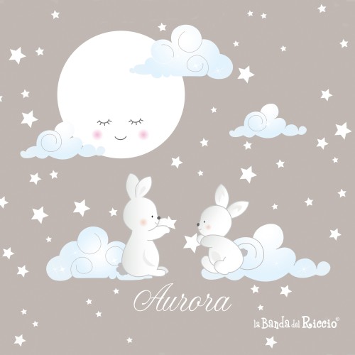 Adesivi murali Moonlight - disegni di coniglietti sulle nuvole con luna sognante e stelline su sfondo tortora