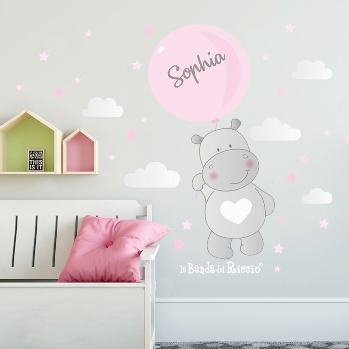 Baby wall stickers "Hippo Balloons". Color pink. Photo