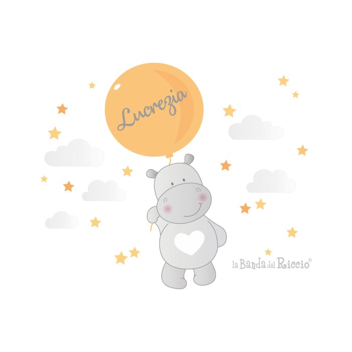 Adesivi cameretta "Hippo Balloons" Ippopotamo volante con palloncino personalizzato con nome. colore arancione. disegno