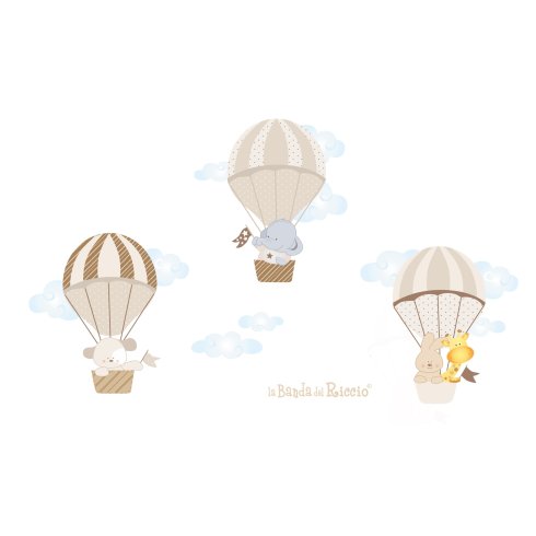 disegno dello sticker murale le mongolfiere 1: tre mongolfiere con nuvolette. colori Beige/Marrone