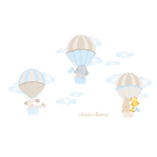 Wall stickers "Air Balloons 1" three hot air balloons with small animals end clouds. drawing lightblue