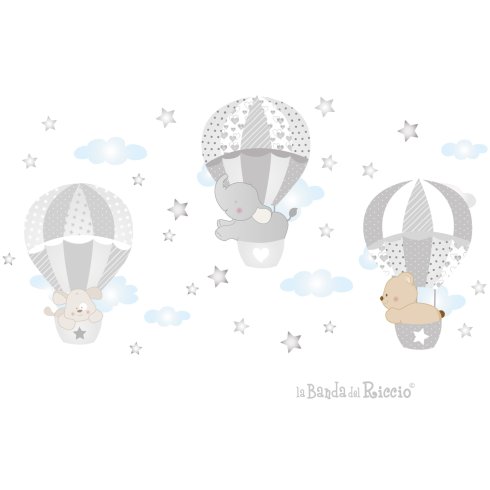 Adesivi murali per la cameretta di tre mongolfiere con stelline e nuvolette. Colore grigio. disegno