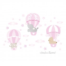 Adesivi murali per la cameretta di tre mongolfiere con stelline e nuvolette. Colore rosa. disegno