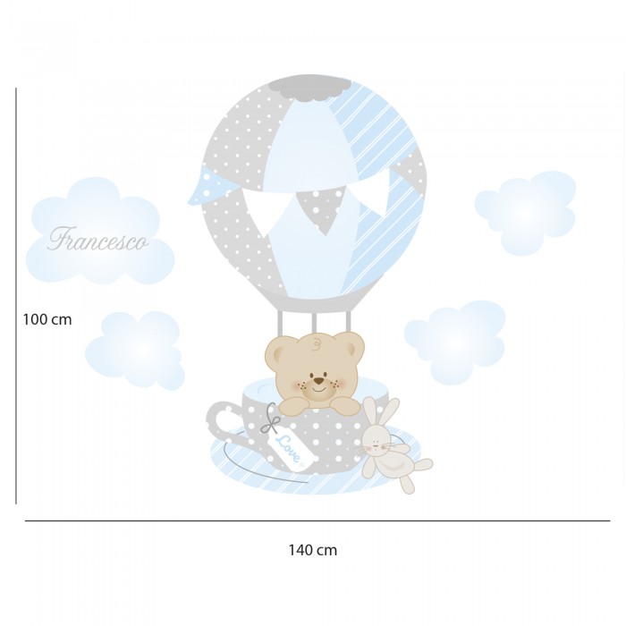 A hot air balloon cup with a cute little bear. Drawing with measures