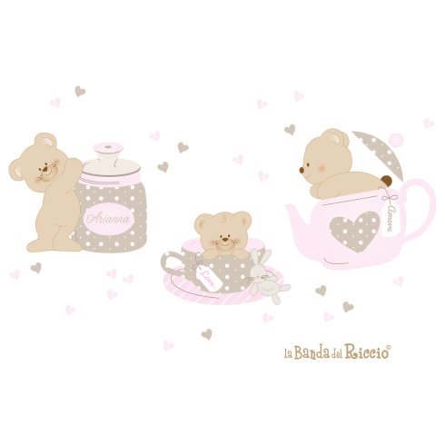 Stickers murali :"Tea Time"  tre simapatici orsetti nel servizio da tea. Colore beige/rosa. Disegno