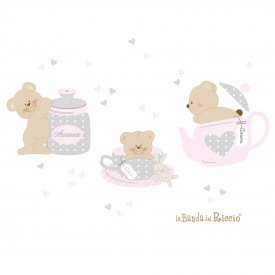Stickers murali :"Tea Time"  tre simapatici orsetti nel servizio da tea. Colore grigio/rosa. Disegno