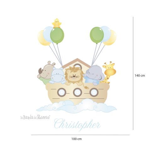 Stickers murali "l'Arca di Noè" tanti animaletti su un arca trasportata da palloncini. Versione azzurra, disegno con misure.