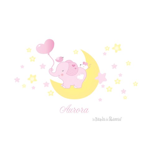 Adesivi per camerette "Tino sulla Luna" un elefantino seduto sulla luna tra le stelle, colore beige. Foto ambientata