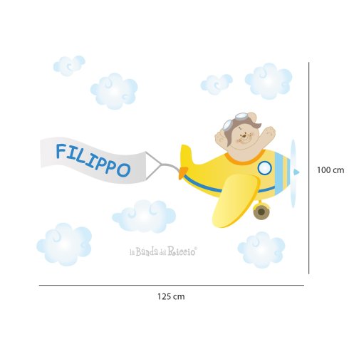 Stickers murali per bambini "L'Aeroplano" un orsetto sul suo aereo trasporta il nome del tuo bambino. disegno con misure.