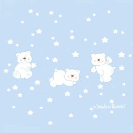 Adesivi murali "Orsetti Polari" tre orsetti bianchi circondati da tante stelle, versione azzurra. Disegno
