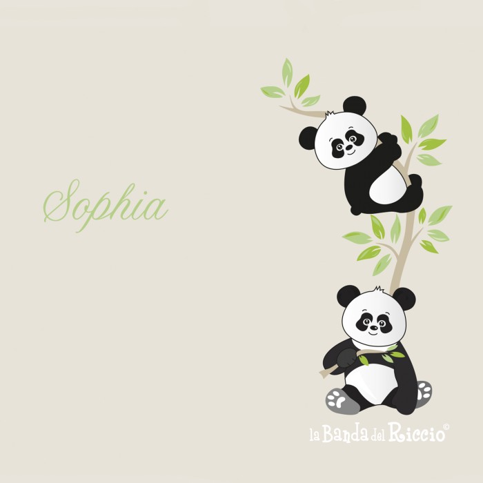 Adesivi cameretta bimbo "Piccoli Panda" 2 teneri panda su una pianta di eucalipto -disegno- colore verde