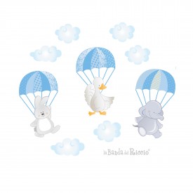 Paratroopers; one elephant, one duck and one rabbit surrounded by clouds. lightblue color