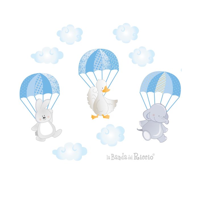 Wall stickers bambini  "I Paracadutisti" - un elefantino un' anatra e un coniglietto con paracadute colre azzurro -disegno-