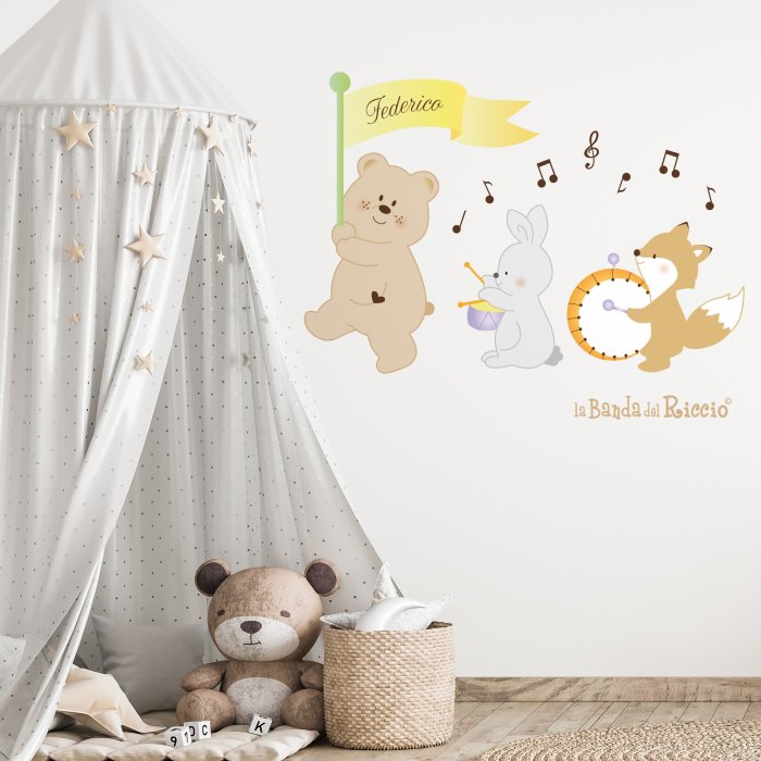 Three little animals surrounded by many musical notes. Yellow color. Photo