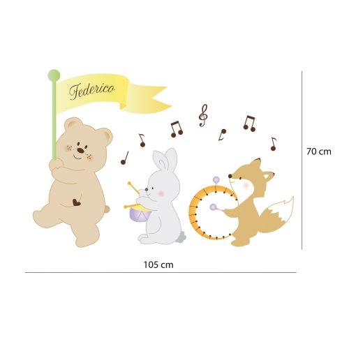 Stickers murali bambini I Musicisti -un orsetto un coniglietto e una volpe si improvvisano musicisti -colore giallo-