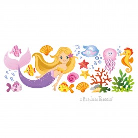 Sticker murale di una Sirena circonata da animali marini e conchiglie, Disegni