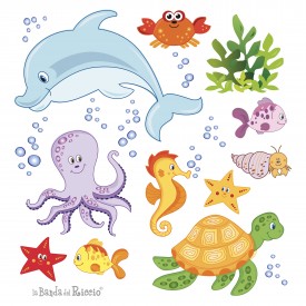 Adesivi murali "Mondo marino" :pesciolini, animali marini e tante conchiglie.  Disegni