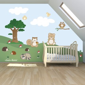Adesivi murali per bambini: "Il Bosco" tanti simpatici animeletti come l'orso, il gufo ecc. foto ambientata