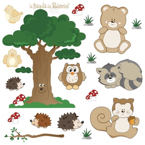 Adesivi murali per bambini: "Il Bosco" tanti simpatici animeletti come l'orso, il gufo ecc. disegno