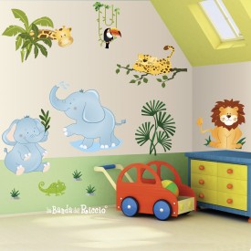 Adesivi murali  bambino "Il Safari" gli animali della savana ti guardano mentre dormi -foto ambientata-