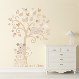 wall sticker "Tree of puppies", a tree with bears, cats and dogs. colour  beige. Photo