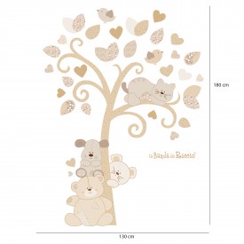 Nursery wall sticker "Tree of puppies", a tree with bears, cats and dogs. colour  beige. Drawing with measurements