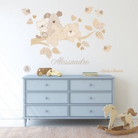 Stuffed animals baby wall decals; little animals sitting on a branch. Castomizable with name. Beige color