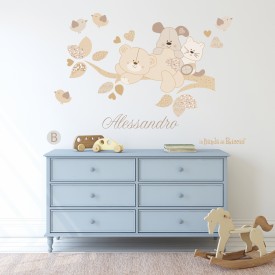 Stuffed animals baby wall decals; little animals sitting on a branch. Castomizable with name. Beige color
