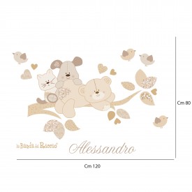 Stuffed animals baby wall decals; little animals sitting on a branch. Castomizable with name. Size