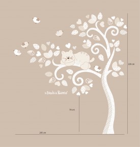 Foto dell'adesivo murale "Albero vento con gatto e uccellini", colore bianco/beige. Disegno con misure