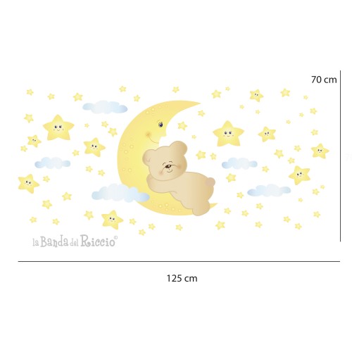 Adesivi murali fluorescenti "Orsetto sulla Luna" un orsetto che dorme sulla luna con tante stelline. Disegno con misure