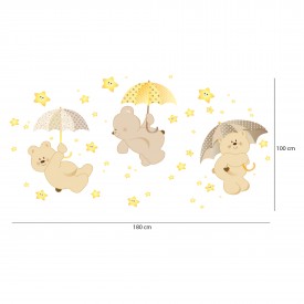 Adesivi murali "Pioggia di Stelle" tre orsetti con ombrelli e stelline che si illuminano al buoi. disegno con misure.