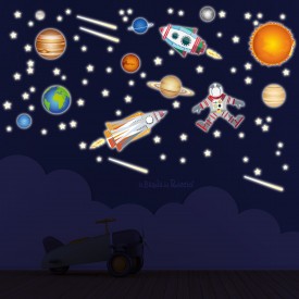 Fluorescent wall decals "Space Mission" Rockets, planets and astronauts. Glowing in the dark
