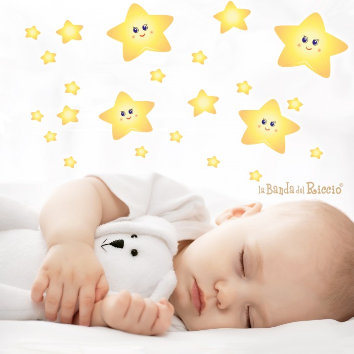 Baby fluo decals "Fluorescent Stars" softly glowing in the dark. Photo daylight Baby fluo decals "Fluorescent Stars" softly glowing in the dark. Photo daylight