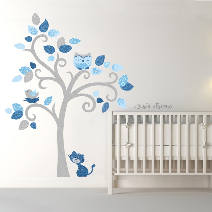 Nursery wall decals Cat's Tree. Photo. Color gray, blue, and light blue