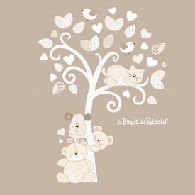Stickers murale di un albero bianco-beige con tanti cuccioli e cuori. Disegno