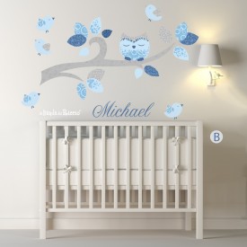 Wall sticker Branch with Name, Owl and Birds. Photo B color gray, lightblue and blue