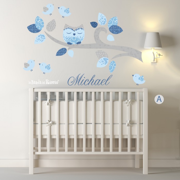 Wall sticker Branch with Name, Owl and Birds. Photo A color gray, lightblue and blue