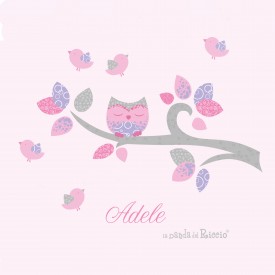 Wall sticker Branch with Name, Owl and Birds.  Color gray, pink and lavander
