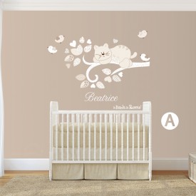 Branch with Name, Cat and Birds baby wall sticker. Position A withe color. Photo