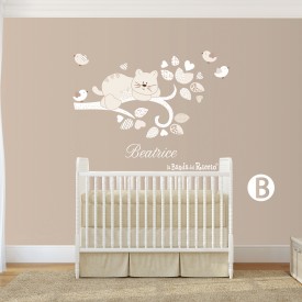 Branch with Name, Cat and Birds baby wall sticker. Position B withe color. Photo