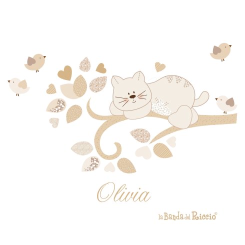 Adesivo murale di un ramo con un grande gatto. personalizzabile con il nome. Colore Bianco/Beige. Foto ambientata posizione A