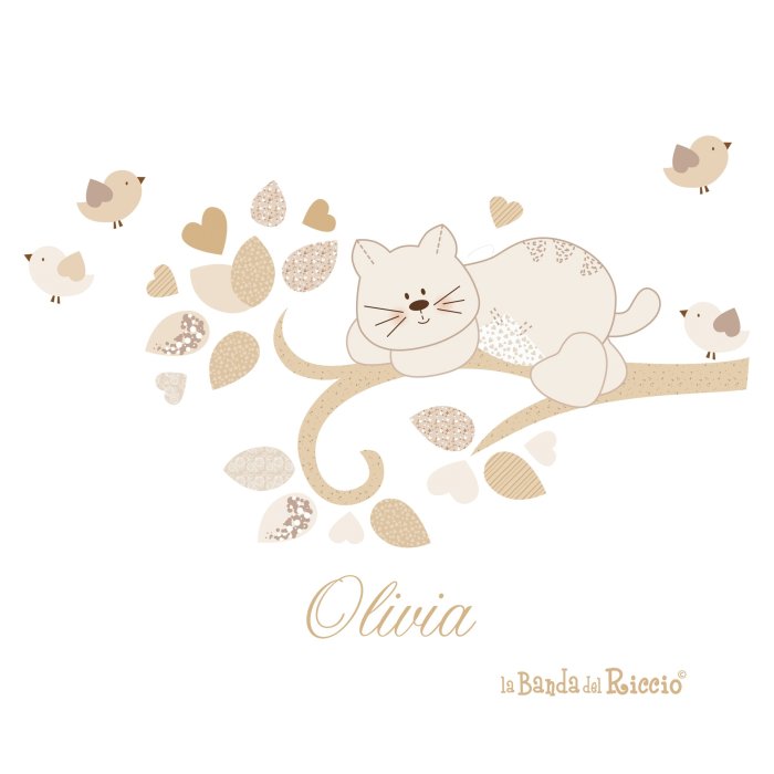 Adesivo murale di un ramo con un grande gatto. personalizzabile con il nome. Colore beige. Disegno