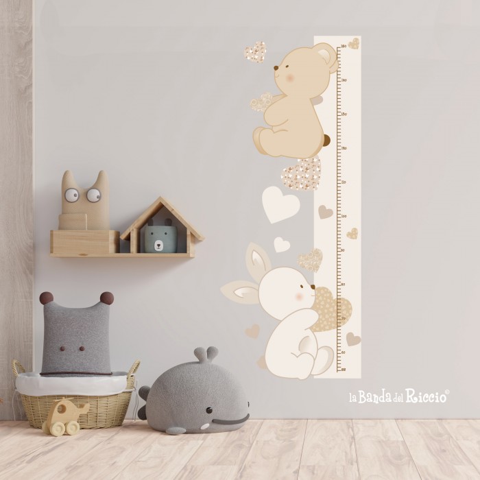 Wall stickers metro crescita "Amore e Tenerezza" orsetto coniglietto e cuoricini -foto ambientata1-