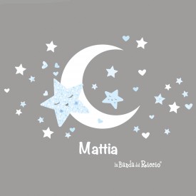 Adesivi murali bambini "Stelle e Luna": uno spicchio di luna circonado da tante stelle, colore bianco-azzurro. Disegno