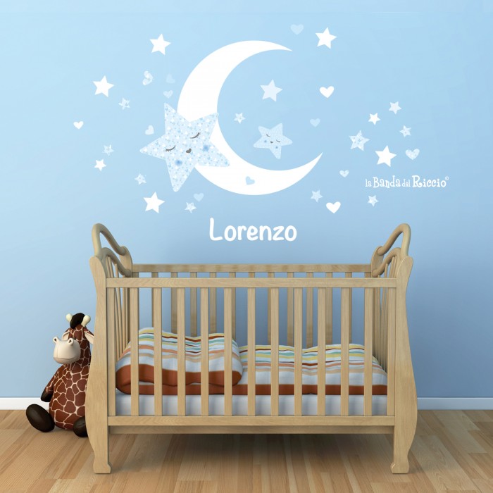 Moon and stars wall decals. Wedge of moon, stars, hearts and baby's name. Photo