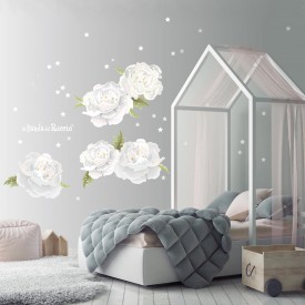 Withe Peonies, Romantic wall stickers, girl wall decal. With or without stars